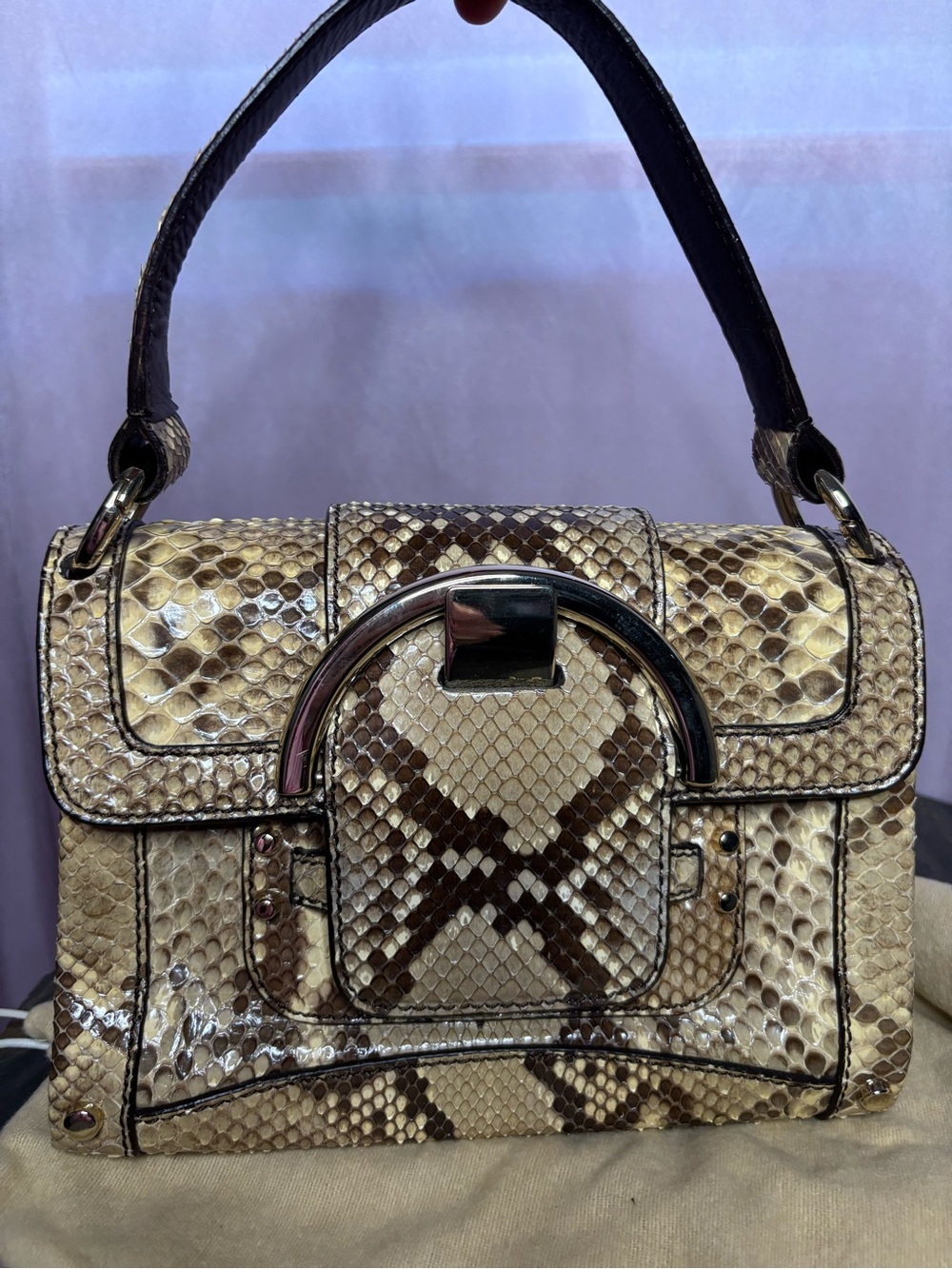 Sergio Rossi Beige and Brown Snake-Print Top Handle Bag